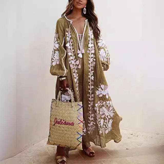 Boho Elegant Print MooMoo Dress For Women | Loose Luxury MooMoo V Neck |  Lace Up Big Hem MooMoo Dresses 2025|  Fashion New Lady MooMoo Robe